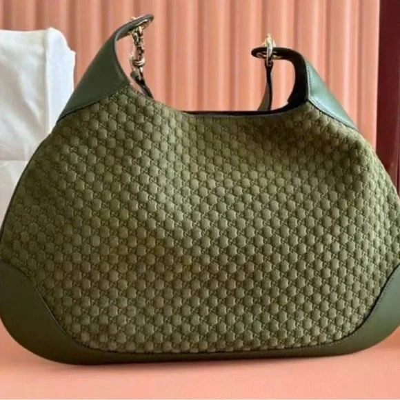 MEDIUM B Shoulder Bag w Pouchette-Moss Green Leather embossed letters